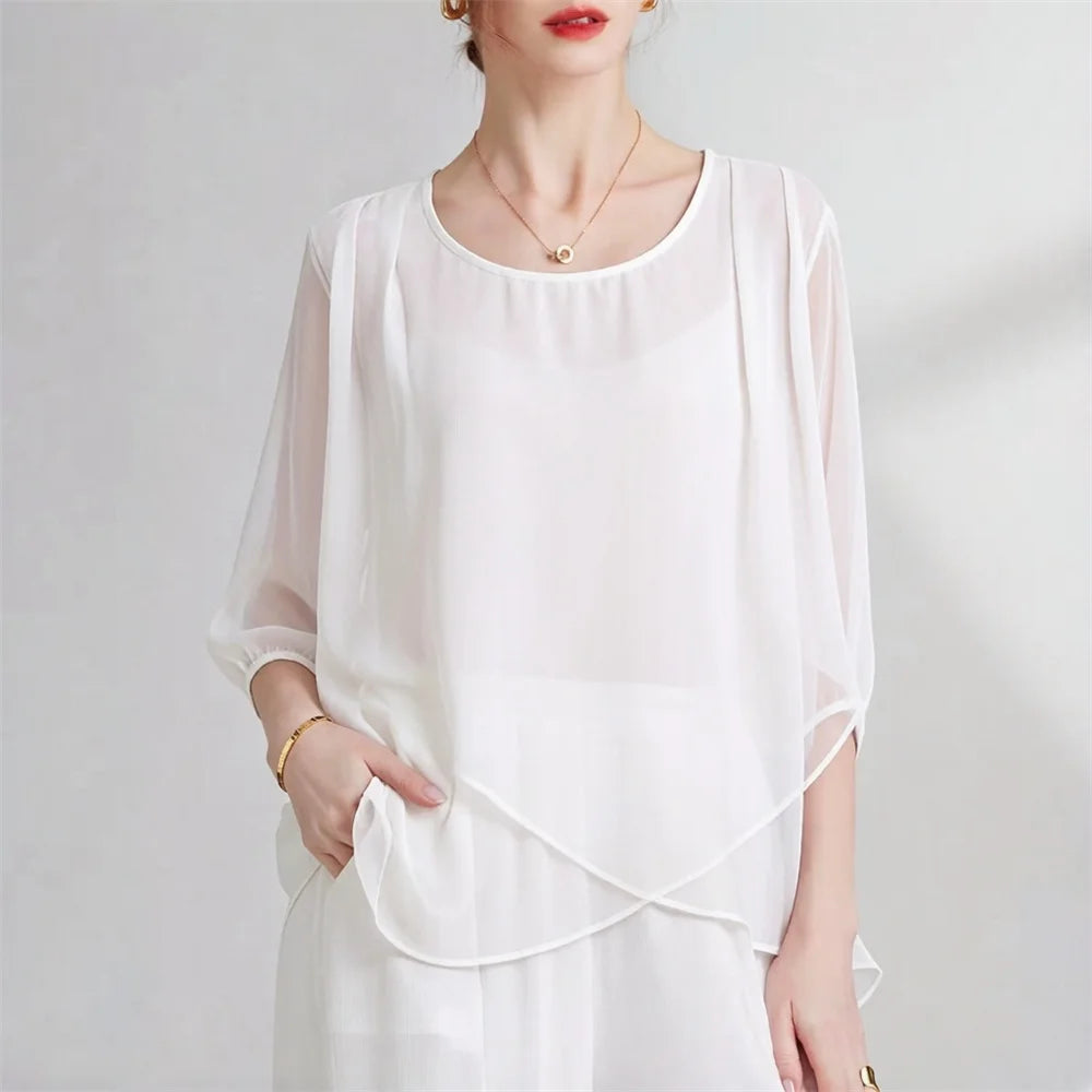 Korean Style Chiffon Plus-Size Women's Top Sexy Mid-Sleeve Black White Blouse Fashion Irregular Design
