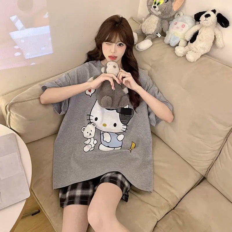 Pajama Girl Hello Kitty Summer Short Sleeved Sanrio Shorts Thin Fit Can Be Worn Outside Pure Cotton Home Clothes Plus Size Loose