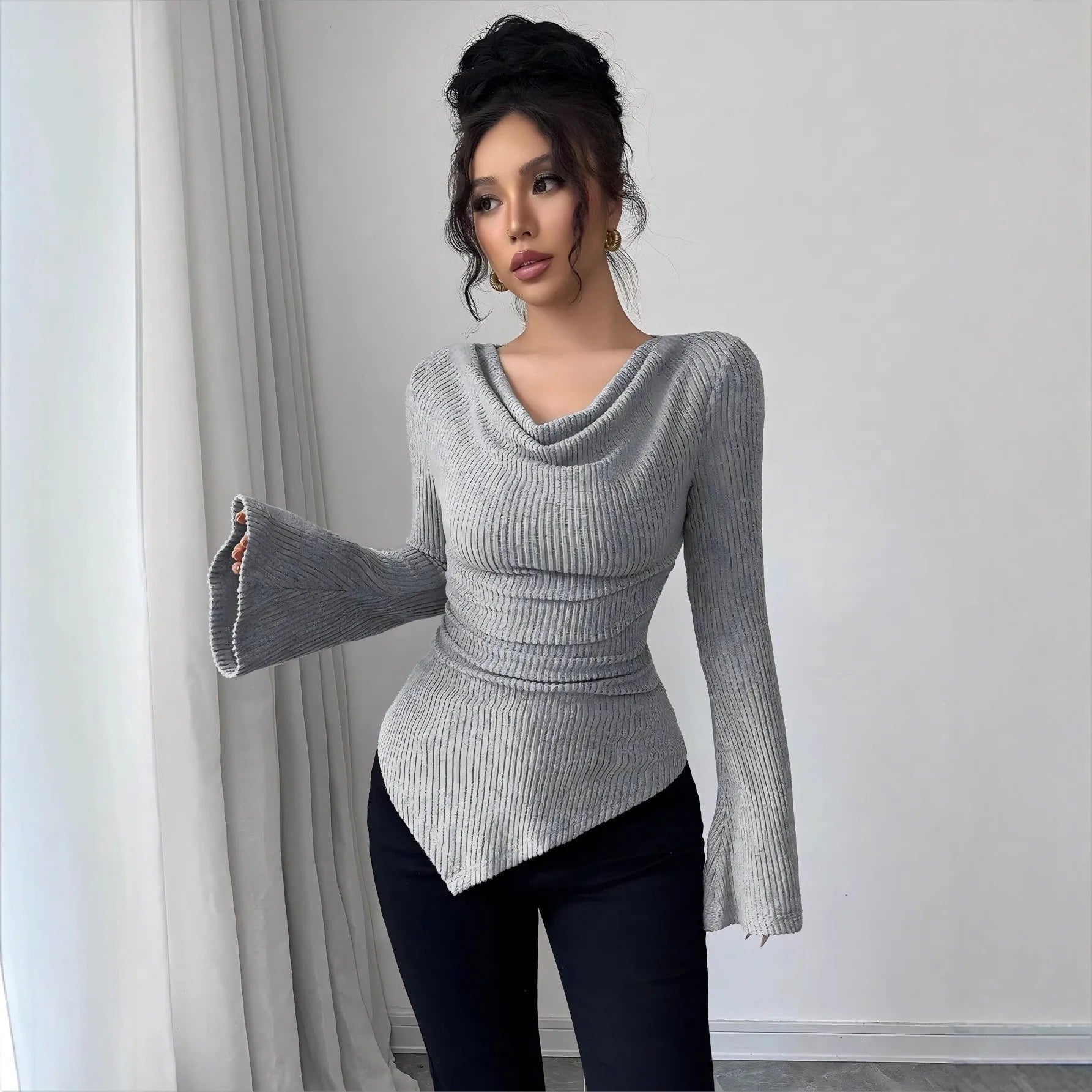 Women's Blouse Longsleeve Solid Color Long Sleeve Blouse Ribbed Cowl Neck Knit Top Bell Asymmetrical Hem Off Shoulder Top