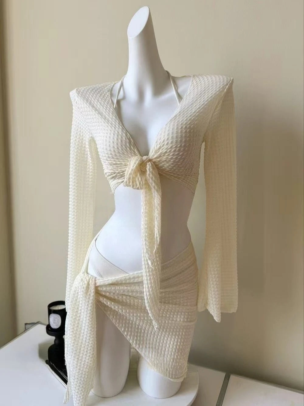 Beach Vacation 4-Piece Split Bikini Set 2026 New Fairy Sweet Women's Print Long Sleeve Swimwear High waist Beauty Fashion Suits