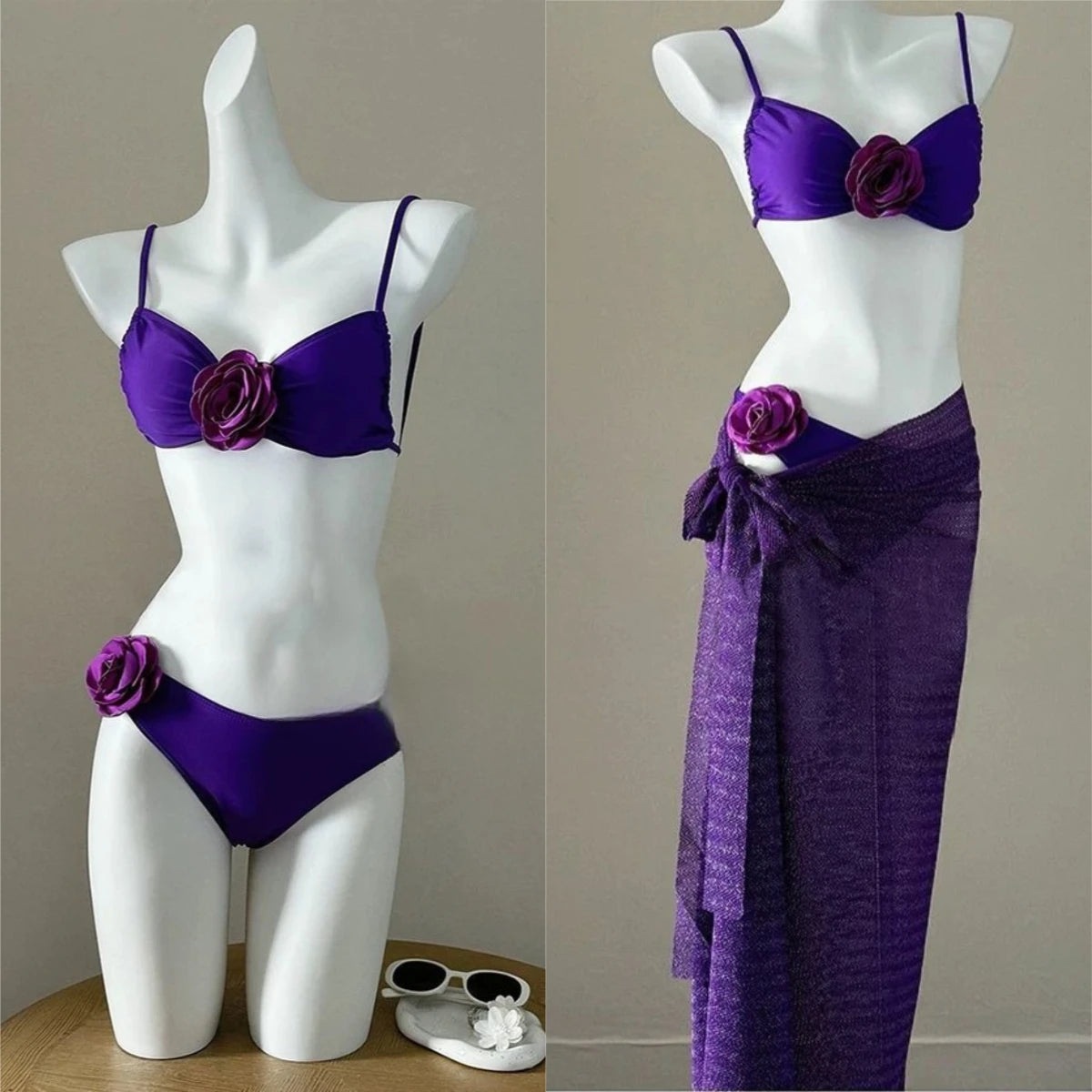 Beach Vacation 4-Piece Split Bikini Set 2026 New Fairy Sweet Women's Print Long Sleeve Swimwear High waist Beauty Fashion Suits