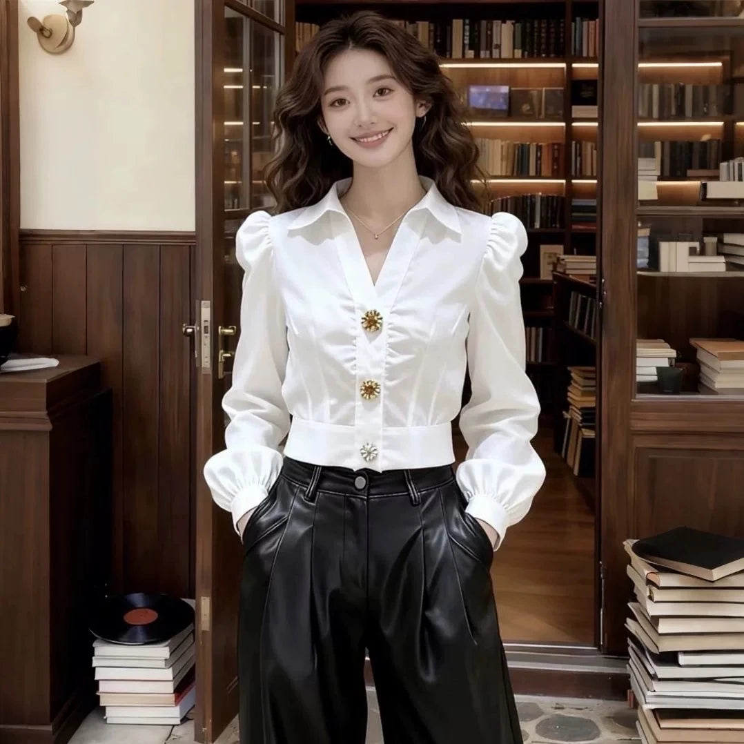 Elegant White Shirt V Neck Blouse for Women Puff Long Sleeve Button Shirt short Top Y2k Chic Office Lady Casual Formal Wear 2026