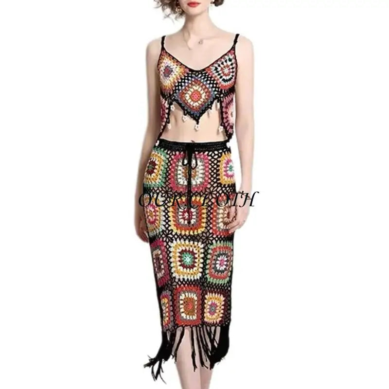 Women Beach Crochet Knit Cami Crop Top and Drawstring Waist Tassels Skirt Set Y1AC