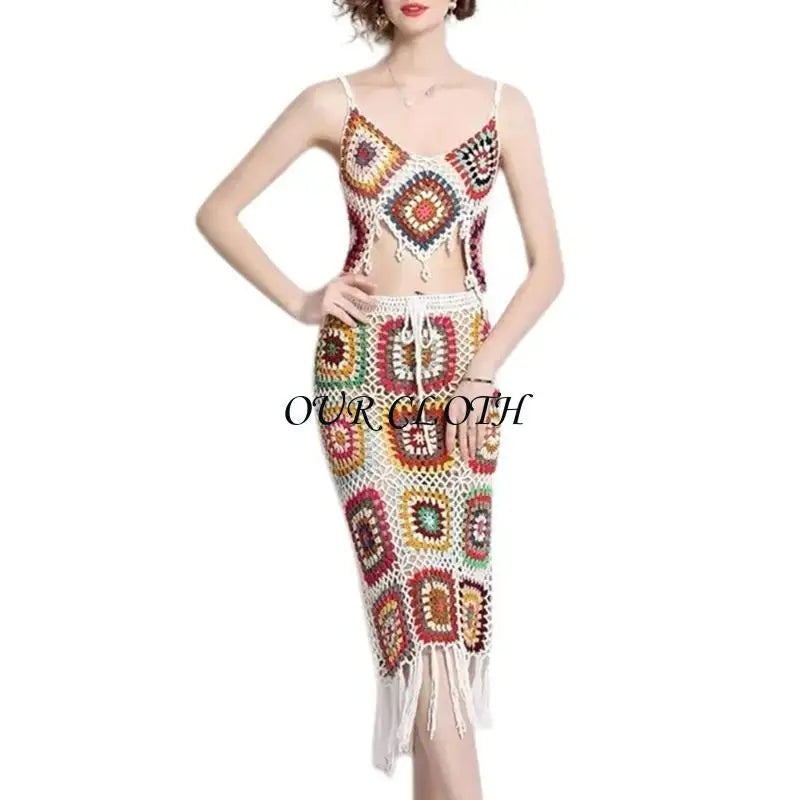 Women Beach Crochet Knit Cami Crop Top and Drawstring Waist Tassels Skirt Set Y1AC