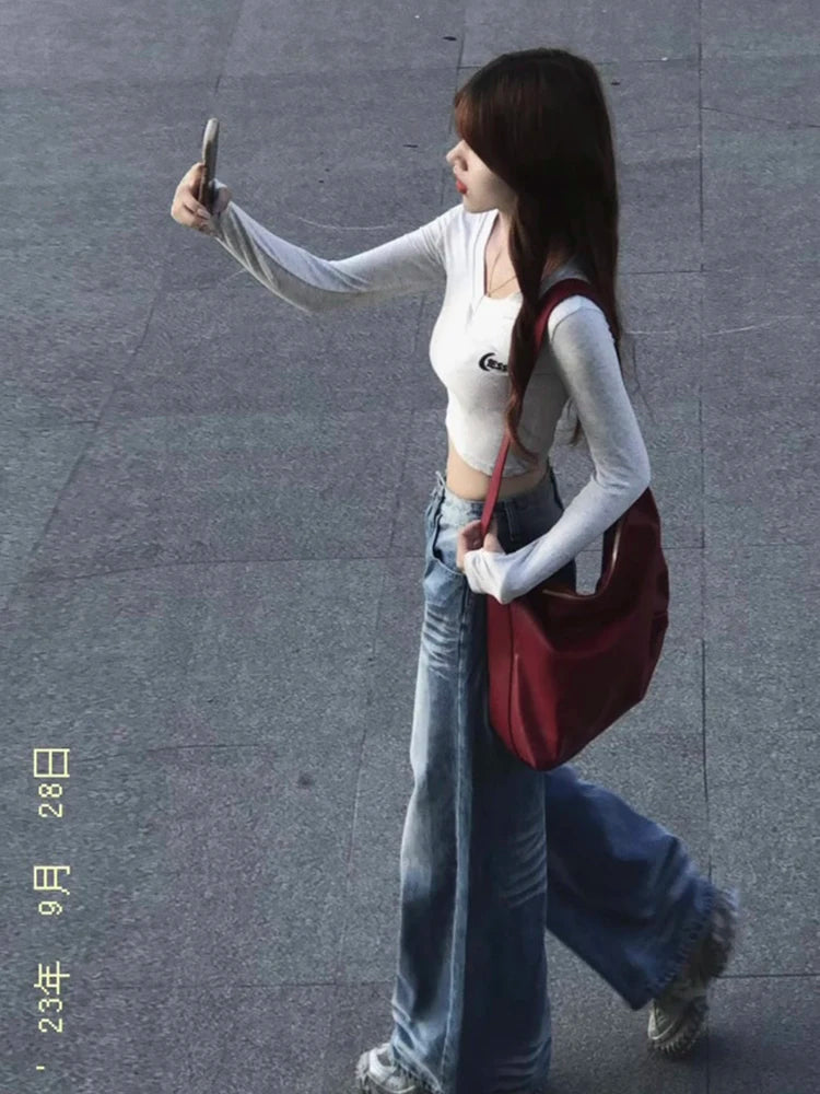 Light Blue Lightning Stripe Wide Leg Jeans Women's High Waist Straight Leg Lazy Pants Spring Autumn New Arrival PmORh Brand