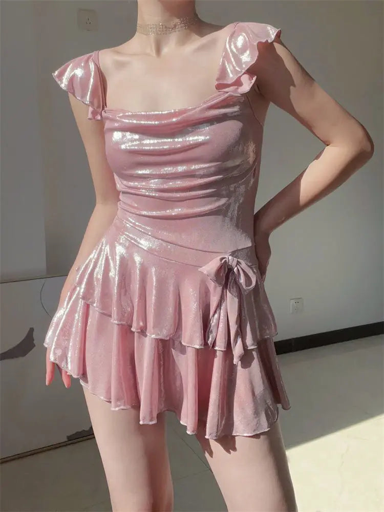 2026 New Women's Shimmer Pink Swimsuit Elegant Modest Pure Desire Bathing Suit for Hot Spring Beach