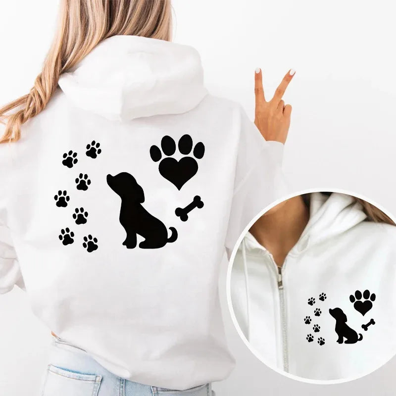 Women Chic Zip Hoodies Fashion Autumn Winter Fleece Hooded Top Funny Dog and Paw Casual Fashion Lady Hoody Sweatshirts Zipper