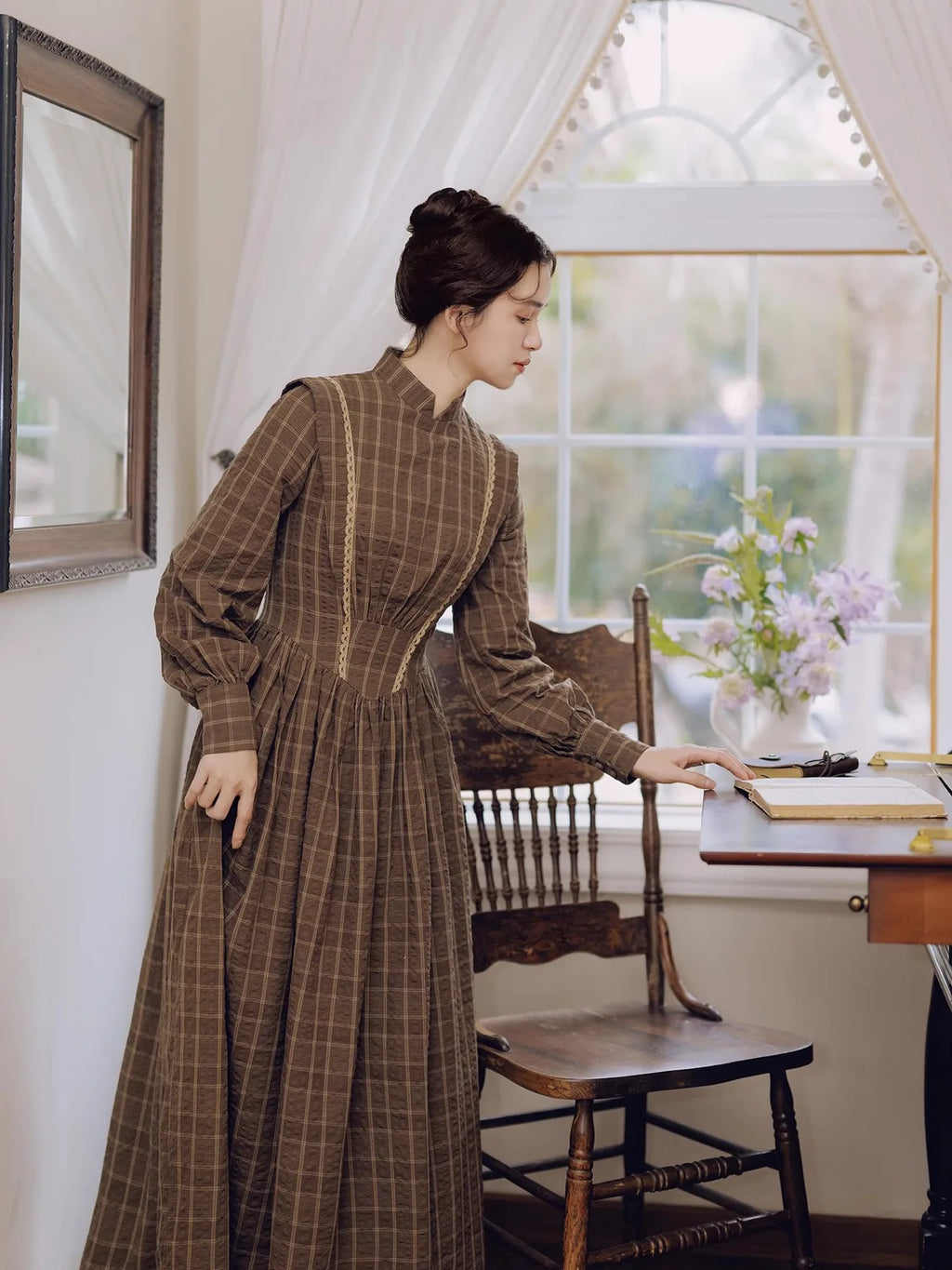 TIYIHAILEY 100% Cotton Plaid Spring Autumn Women Dress Full Lantern Sleeve Long Maxi Ladies S-XL Vintage High Waist Stand Collar