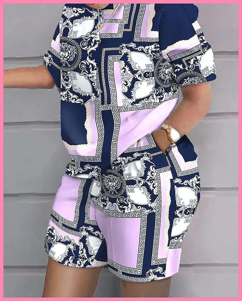 2026 Women's 2-Piece Set: Fashion Print Wide-Leg Pants & Top, Elegant Office Suit