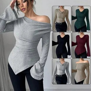 Women's Blouse Longsleeve Solid Color Long Sleeve Blouse Ribbed Cowl Neck Knit Top Bell Asymmetrical Hem Off Shoulder Top