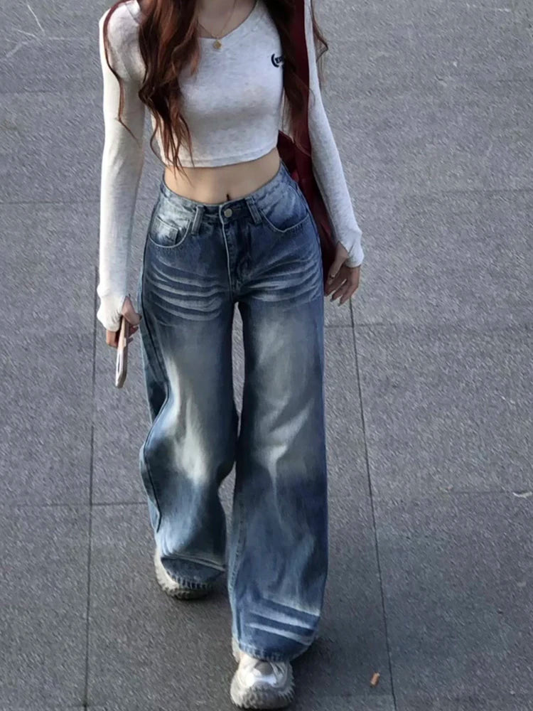 Light Blue Lightning Stripe Wide Leg Jeans Women's High Waist Straight Leg Lazy Pants Spring Autumn New Arrival PmORh Brand