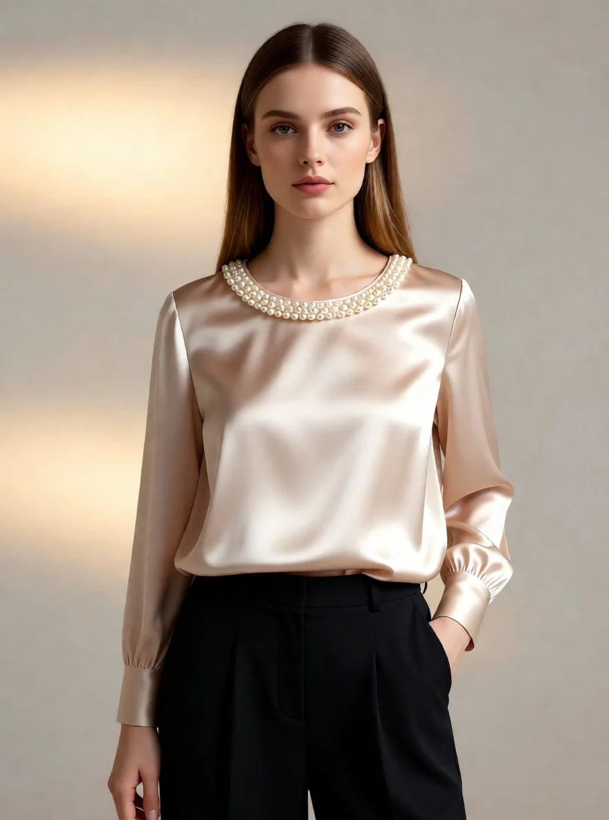 Elegant Beaded Satin Blouse for Women, Loose Fit Long Sleeve Silk Shirt Tops
