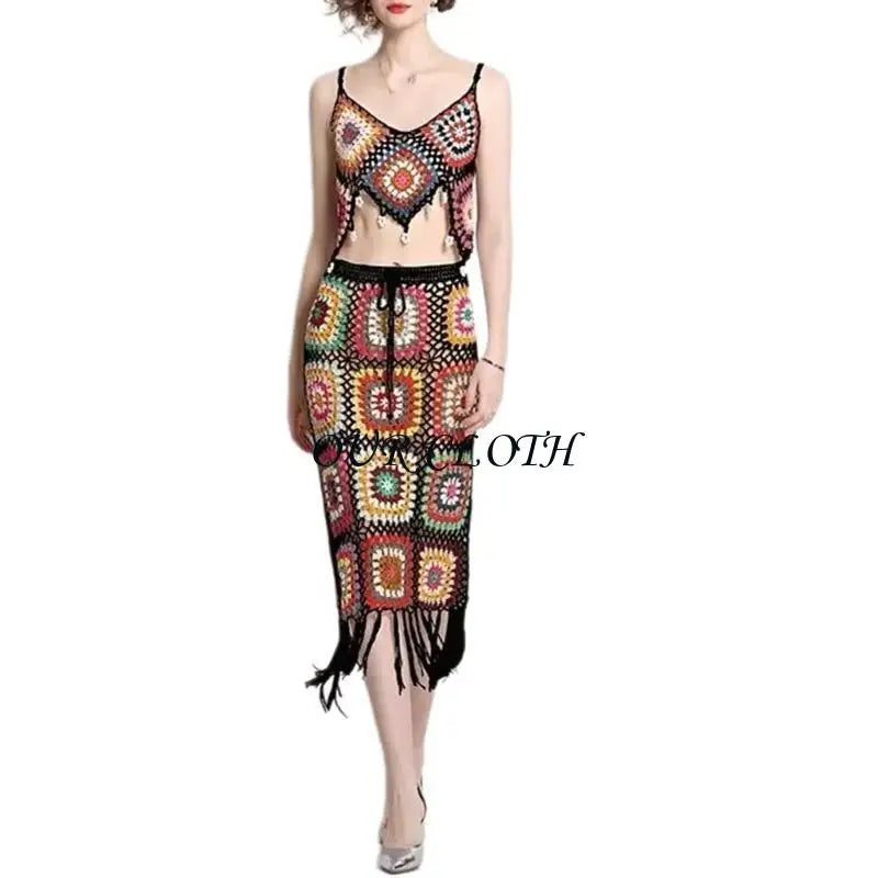 Women Beach Crochet Knit Cami Crop Top and Drawstring Waist Tassels Skirt Set Y1AC