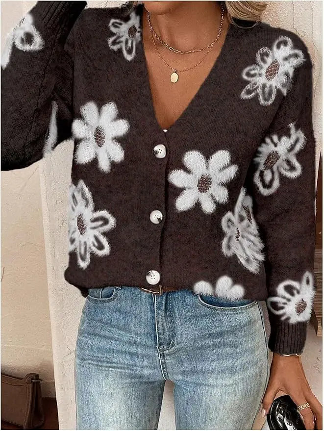 New Style Flower-Patterned Buttons Front-Opening Casual and Comfortable Cardigan