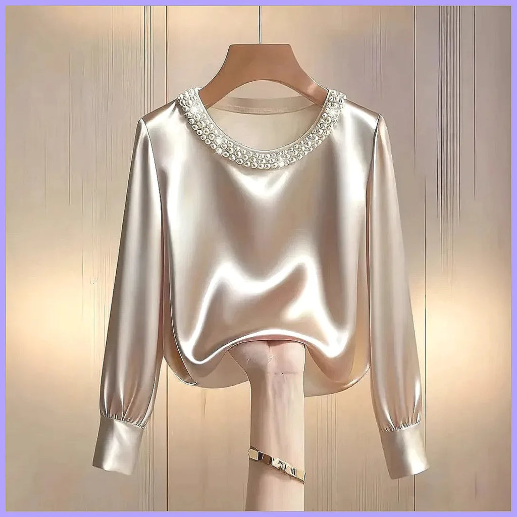 Elegant Beaded Satin Blouse for Women, Loose Fit Long Sleeve Silk Shirt Tops