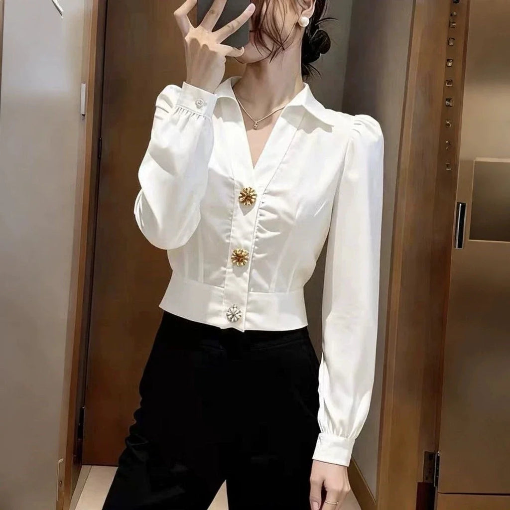 Elegant White Shirt V Neck Blouse for Women Puff Long Sleeve Button Shirt short Top Y2k Chic Office Lady Casual Formal Wear 2026