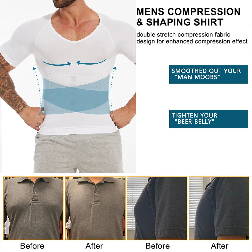 Men's Short Sleeve Compression T-Shirt V-neck Shapewear Tummy Control Flat Belly Tank Top Fitness Workout Slimming Body Shaper