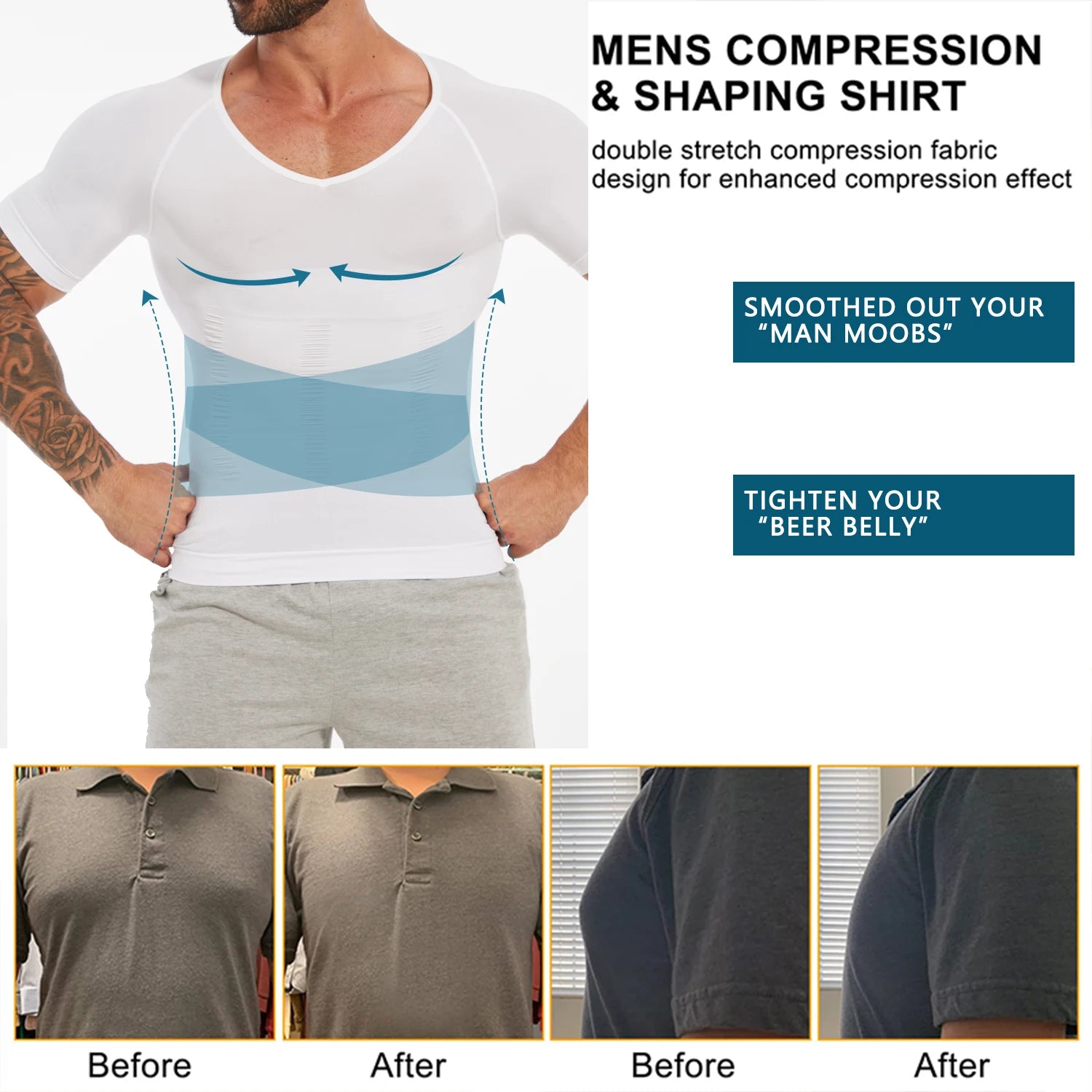 Men's Short Sleeve Compression T-Shirt V-neck Shapewear Tummy Control Flat Belly Tank Top Fitness Workout Slimming Body Shaper