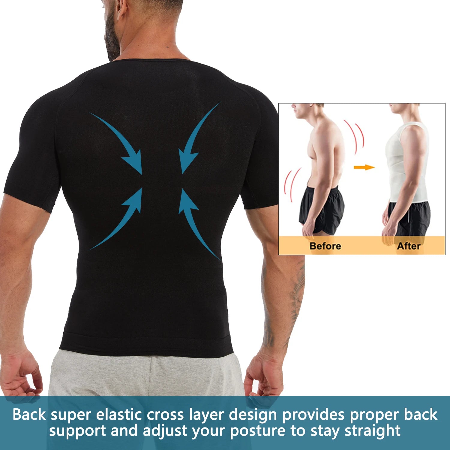 Men's Short Sleeve Compression T-Shirt V-neck Shapewear Tummy Control Flat Belly Tank Top Fitness Workout Slimming Body Shaper