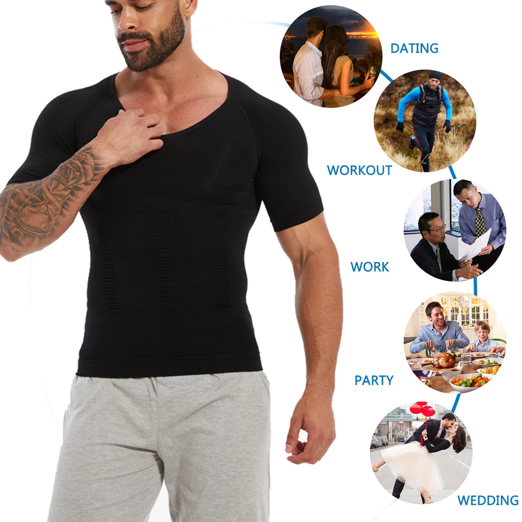 Men's Short Sleeve Compression T-Shirt V-neck Shapewear Tummy Control Flat Belly Tank Top Fitness Workout Slimming Body Shaper