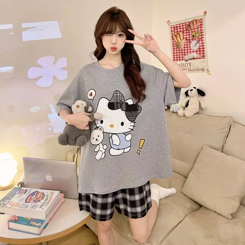 Pajama Girl Hello Kitty Summer Short Sleeved Sanrio Shorts Thin Fit Can Be Worn Outside Pure Cotton Home Clothes Plus Size Loose
