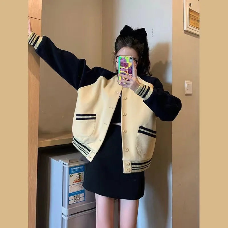 2026 Spring And Autumn New Thin Color-Block Baseball Jacket Women, American Retro Style, Loose Long-Sleeve Coat For Petite Women