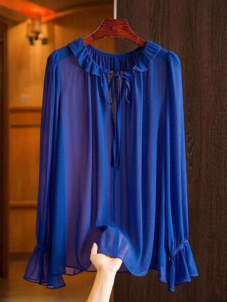 Elegant Long Sleeve Chiffon Blouse Casual Office Ladies Top Lace up Ruffle Collar Flared Sleeve Shirts Solid Color Commuter Tops