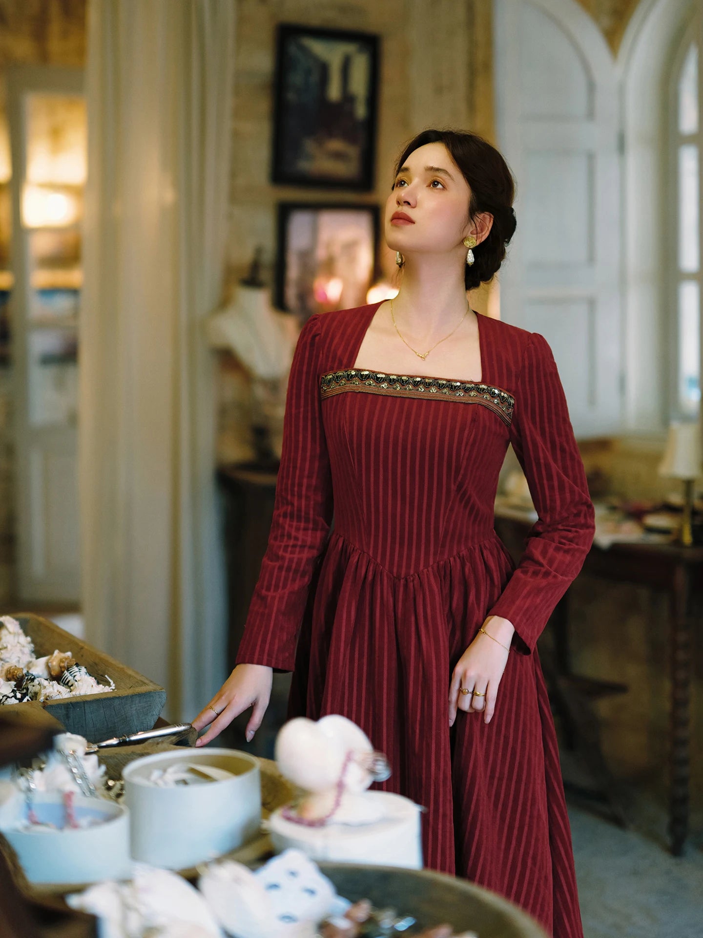 TIYIHAILEY Women 100% Cotton Corduroy Dress Full Sleeve Long Maxi Ladies S-XL Vintage High Waist 2026 Wine Red Beaded Winter