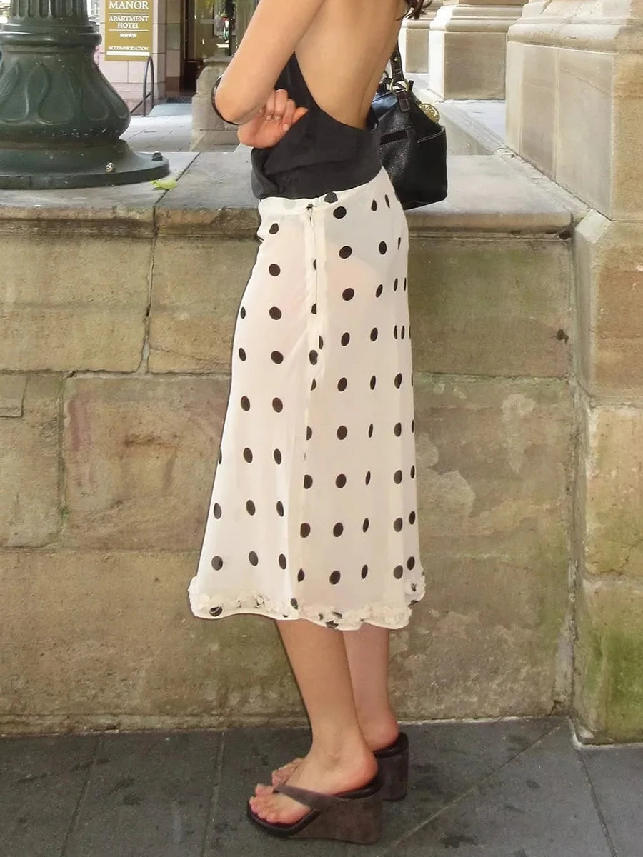 TWOTWINSTYLE Apricot Loose Spliced Dot Printing Skirts for Women High Waist Korean Gentle Long Skirt Female Autumn New Fashion