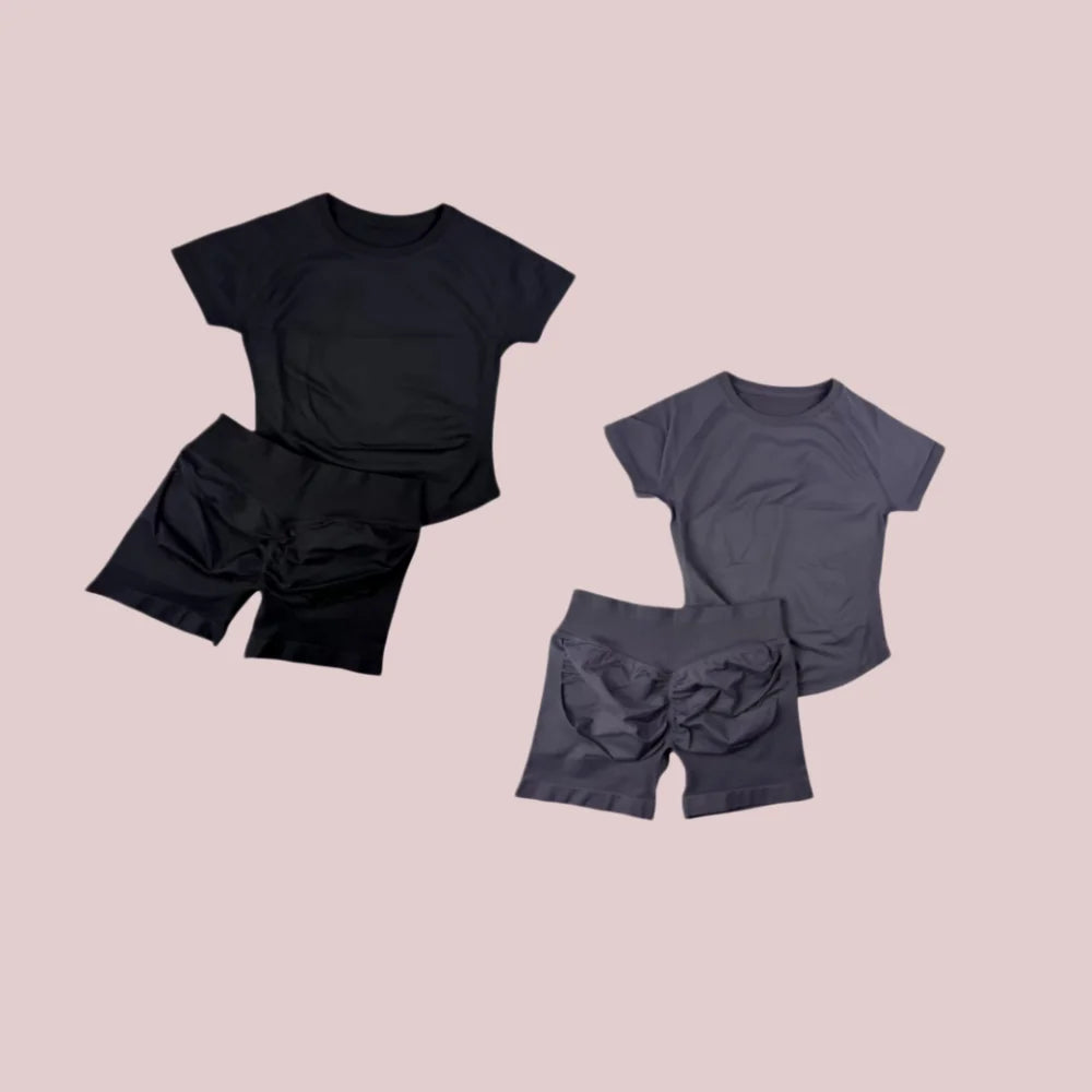 New Four Seasons 2-piece Sports Set Short Sleeve Round Neck Seamless Indoor Yoga Top Boxing Fitness Running Shorts Sports Set
