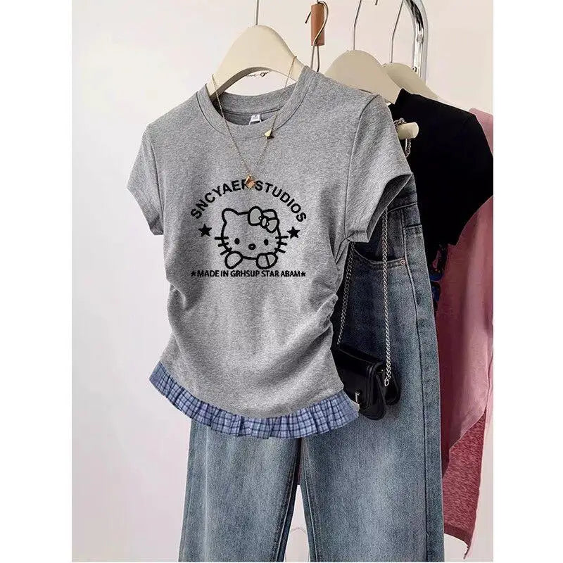 Short-Sleeved T-Shirt Hello Kitty Printed Patchwork Plaid Front Shoulder Women's Sanrio Summer Retro Slim Sweet Spicy Short Tops