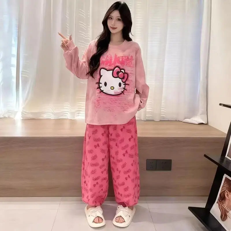 Pajamas for Women Sanrio Spring New Hello Kitty Cute Long-Sleeved Trousers Suit Loose Plus Size Girls Home Wear with Chest Pads