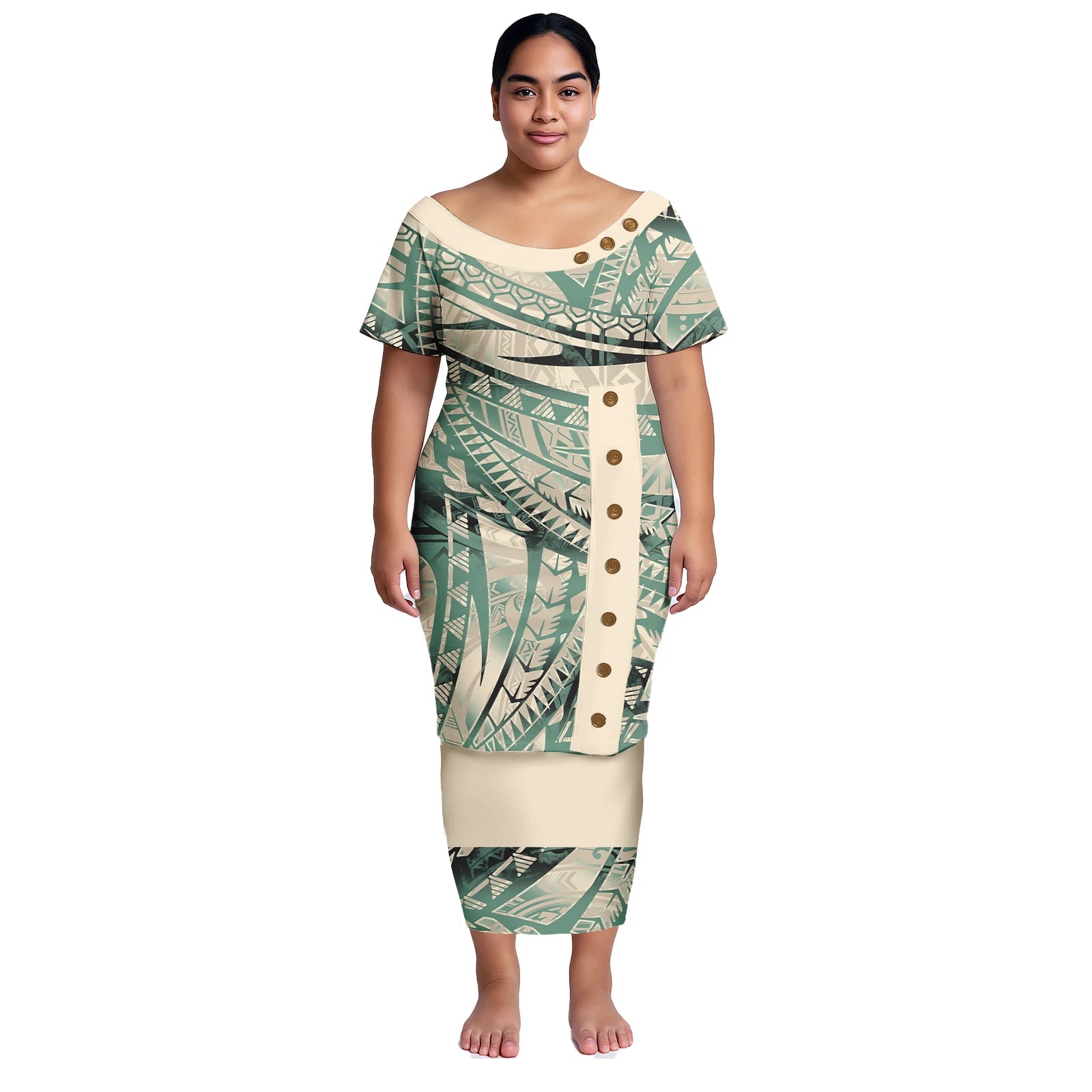 Plus Size Women Dresses Samoan Puletasi 2Pcs Set Island Shirt and Skirts Polynesian Church Tapa Print Tribal Long Dress Elegant