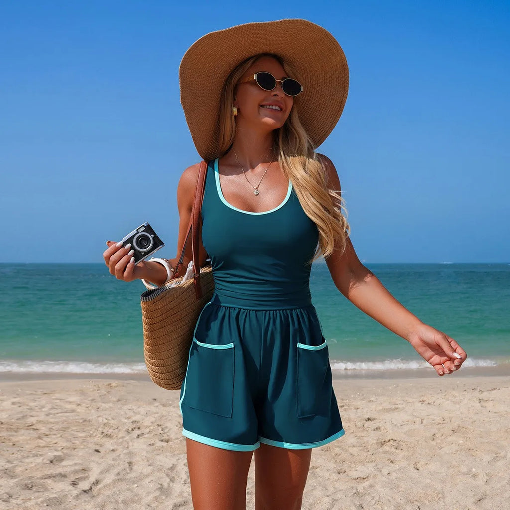 Black With White Trim One Piece Swimsuit Sleeveless V Neck One Piece Tank Top Contrast Trim Swimsuit Side Pockets Bathing Suit