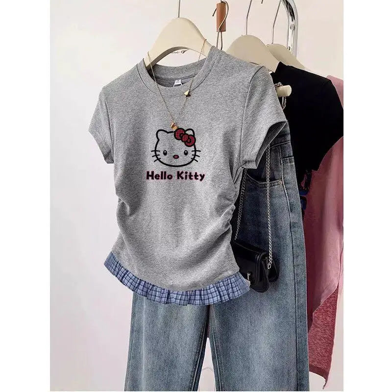 Short-Sleeved T-Shirt Hello Kitty Printed Patchwork Plaid Front Shoulder Women's Sanrio Summer Retro Slim Sweet Spicy Short Tops