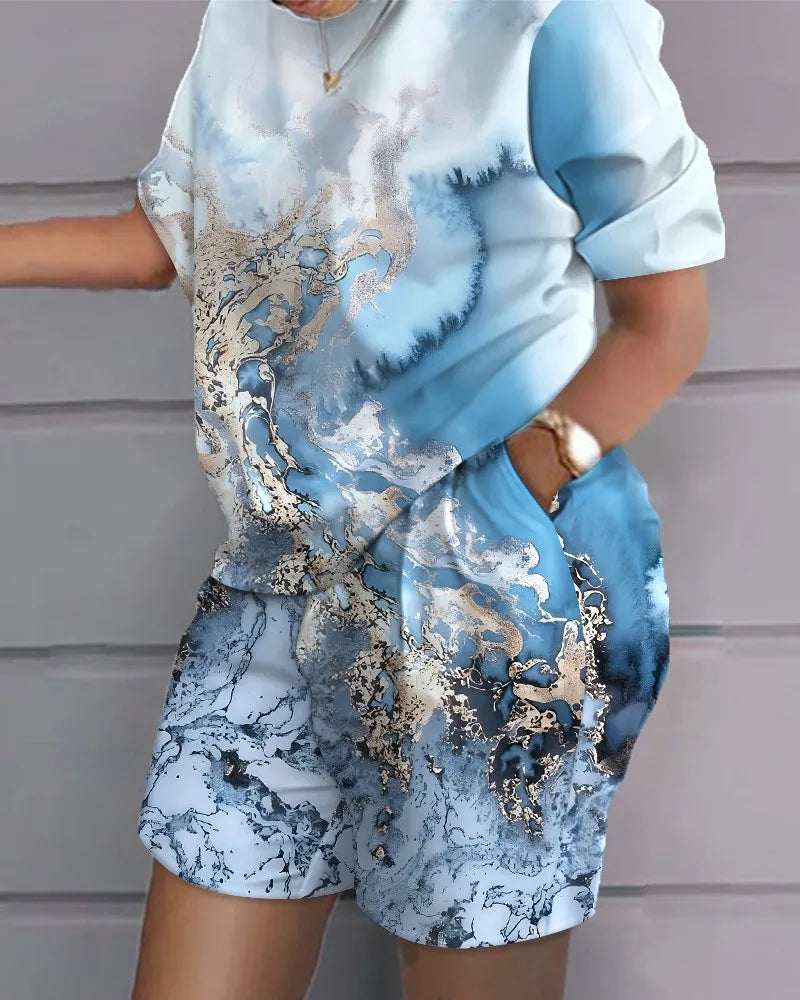 2026 Women's 2-Piece Set: Fashion Print Wide-Leg Pants & Top, Elegant Office Suit