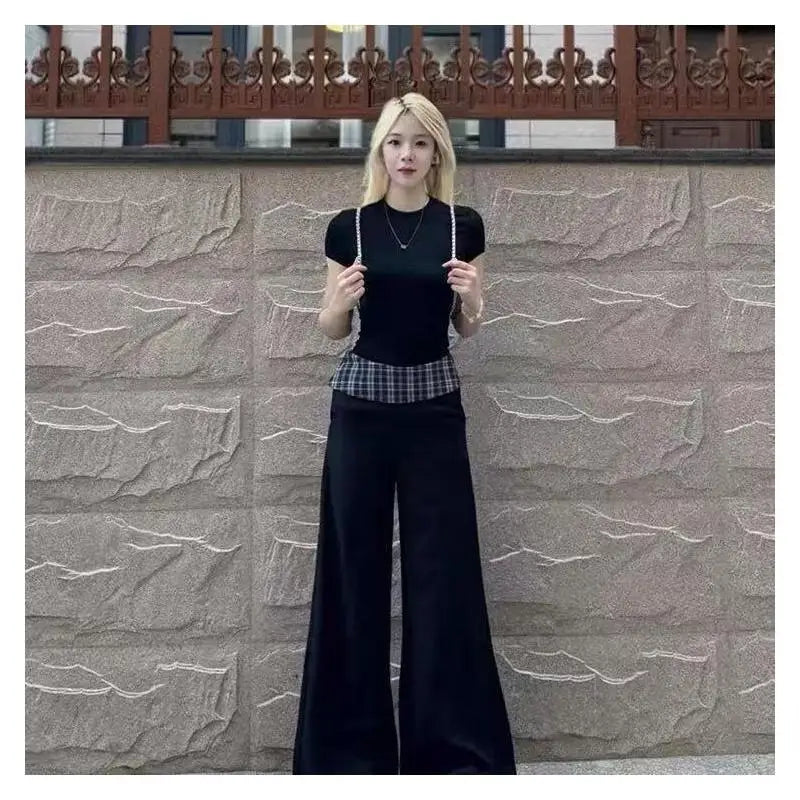Women's Suit Fashion 2 Piece Set Short Sleeve Top Wide Leg Pants Cotton Women Summer Casual Elegant American Style Premium