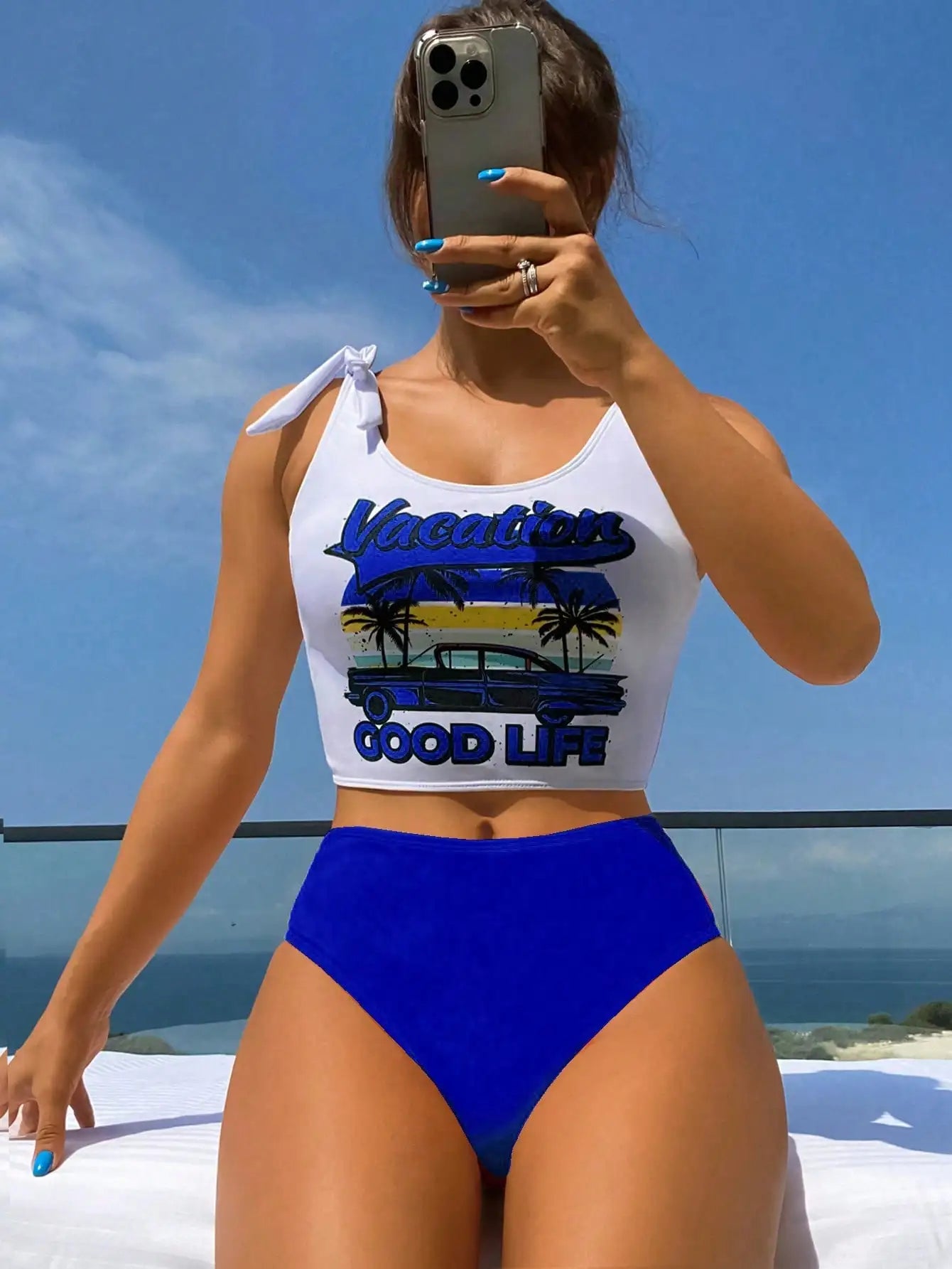 Women Vacation Good Life Graphic Tie Shoulder Tankini Set