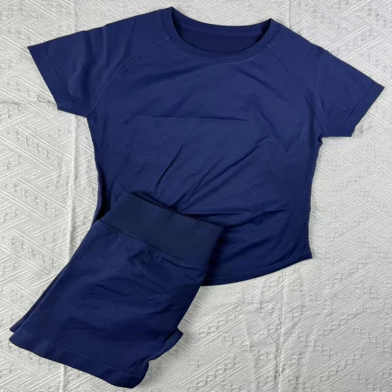 New Four Seasons 2-piece Sports Set Short Sleeve Round Neck Seamless Indoor Yoga Top Boxing Fitness Running Shorts Sports Set
