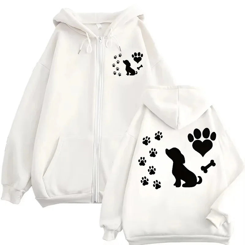 Women Chic Zip Hoodies Fashion Autumn Winter Fleece Hooded Top Funny Dog and Paw Casual Fashion Lady Hoody Sweatshirts Zipper