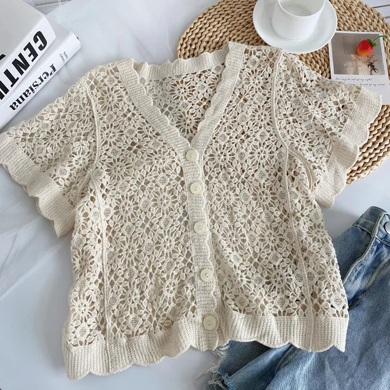 Women's Knitted Short Sleeve V-Neck Hollow out Single Button Cardigan Summer New Design Versatile Korean Style Office Wear