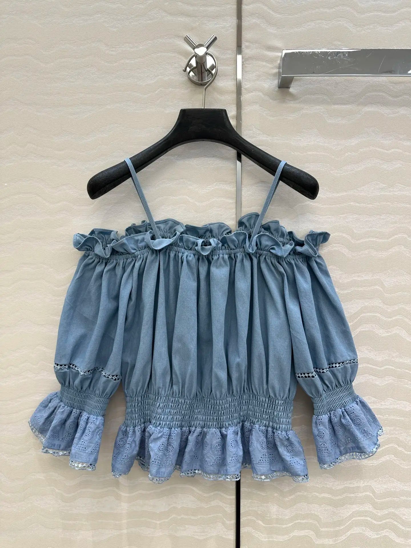 2026 Summer Women's Cold-Shoulder Puff Sleeve Lace Blouse Gentle Style Hollow Trim Top ZX88119