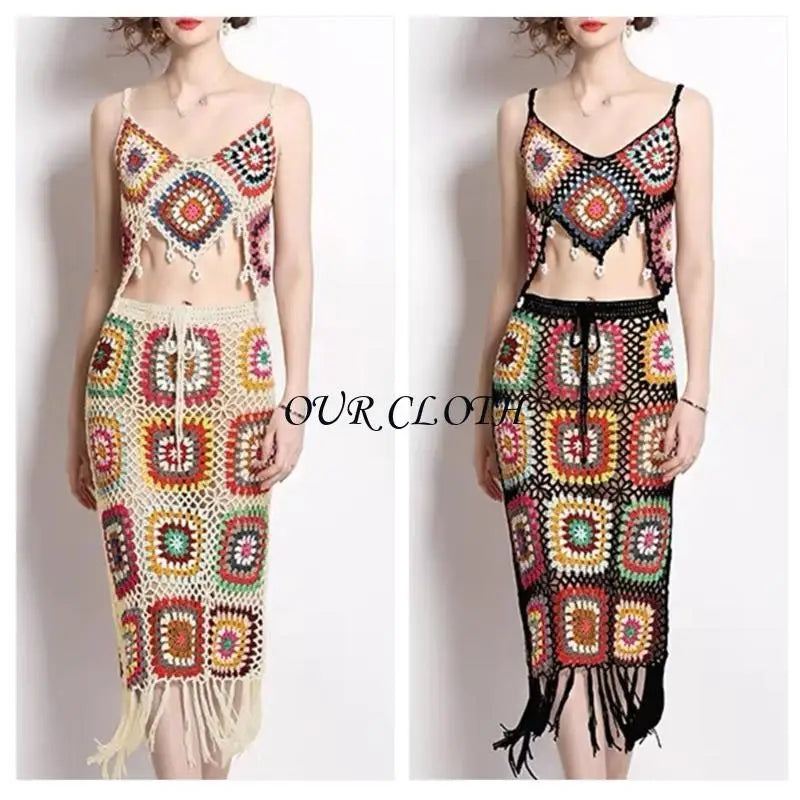 Women Beach Crochet Knit Cami Crop Top and Drawstring Waist Tassels Skirt Set Y1AC
