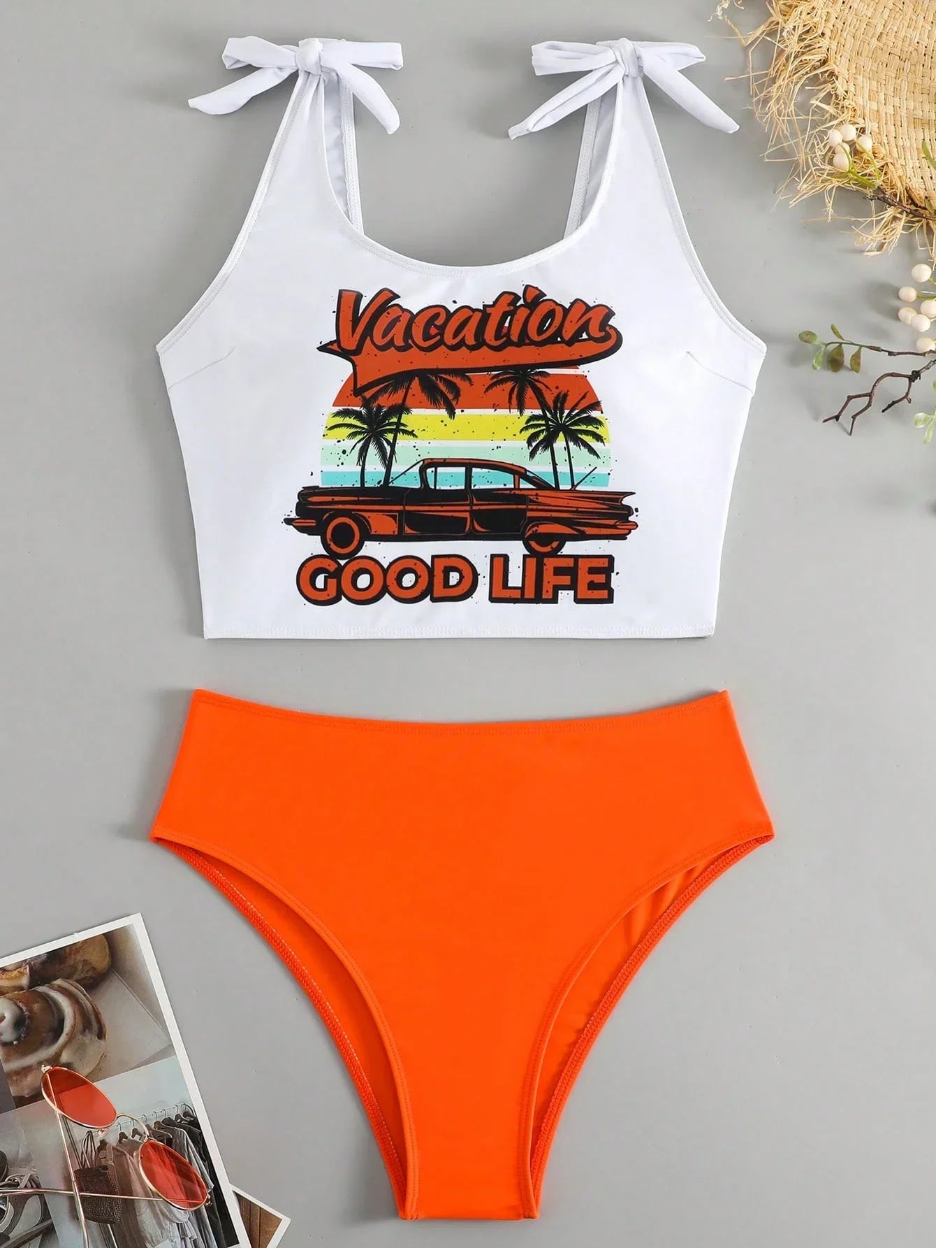 Women Vacation Good Life Graphic Tie Shoulder Tankini Set