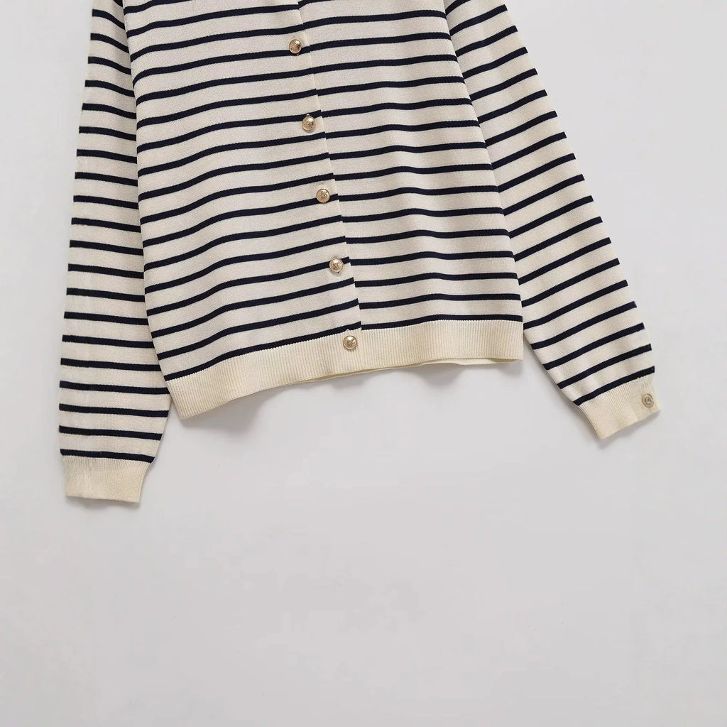 Withered 2026 Fashion New Product Striped Knitted Cardigan Versatile Round Neck Buckle Long Sleeve Coat