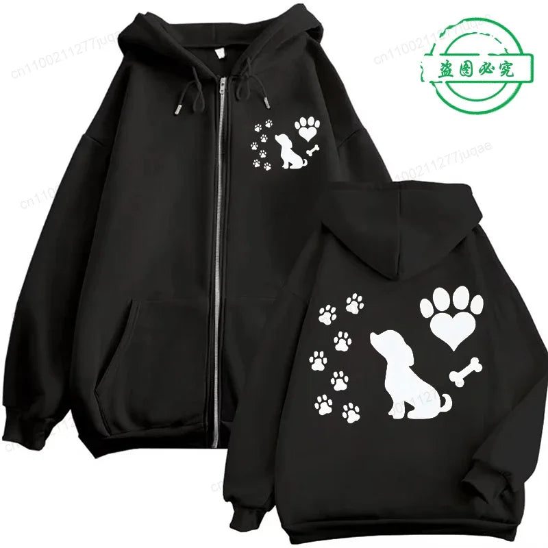 Women Chic Zip Hoodies Fashion Autumn Winter Fleece Hooded Top Funny Dog and Paw Casual Fashion Lady Hoody Sweatshirts Zipper