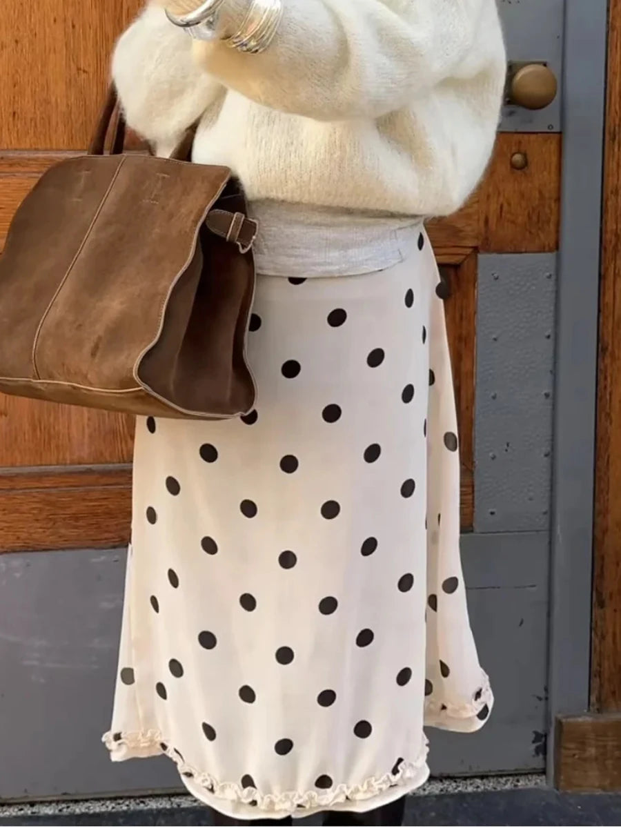 TWOTWINSTYLE Apricot Loose Spliced Dot Printing Skirts for Women High Waist Korean Gentle Long Skirt Female Autumn New Fashion