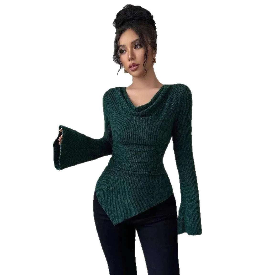 Women's Blouse Longsleeve Solid Color Long Sleeve Blouse Ribbed Cowl Neck Knit Top Bell Asymmetrical Hem Off Shoulder Top