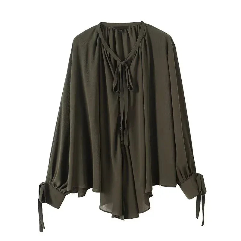 2025 French Style Women's Shirts Dark Green Loose Long Sleeve Top with Bow Tie Autumn Tops
