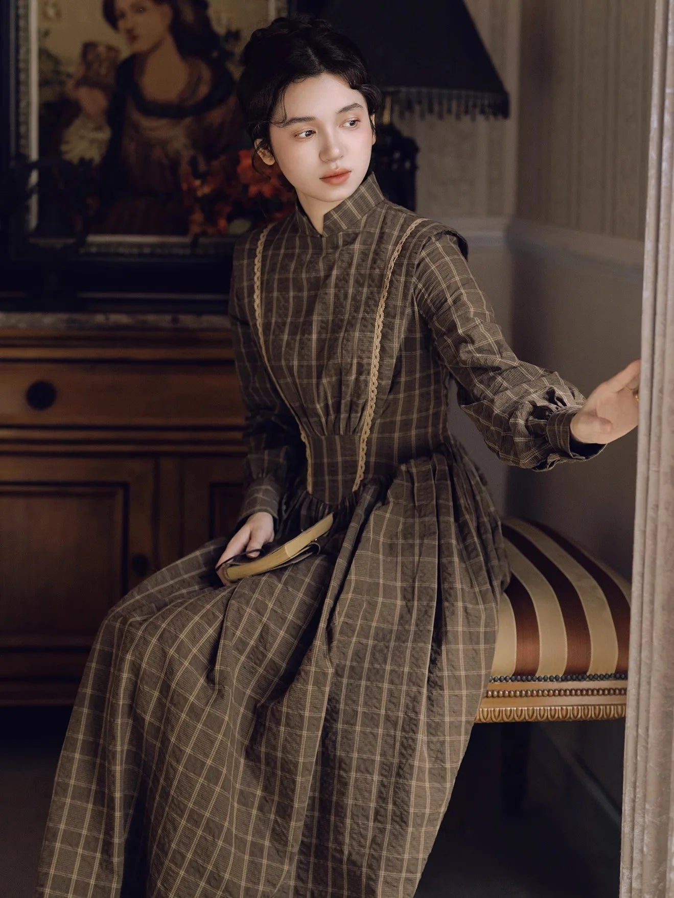 TIYIHAILEY 100% Cotton Plaid Spring Autumn Women Dress Full Lantern Sleeve Long Maxi Ladies S-XL Vintage High Waist Stand Collar